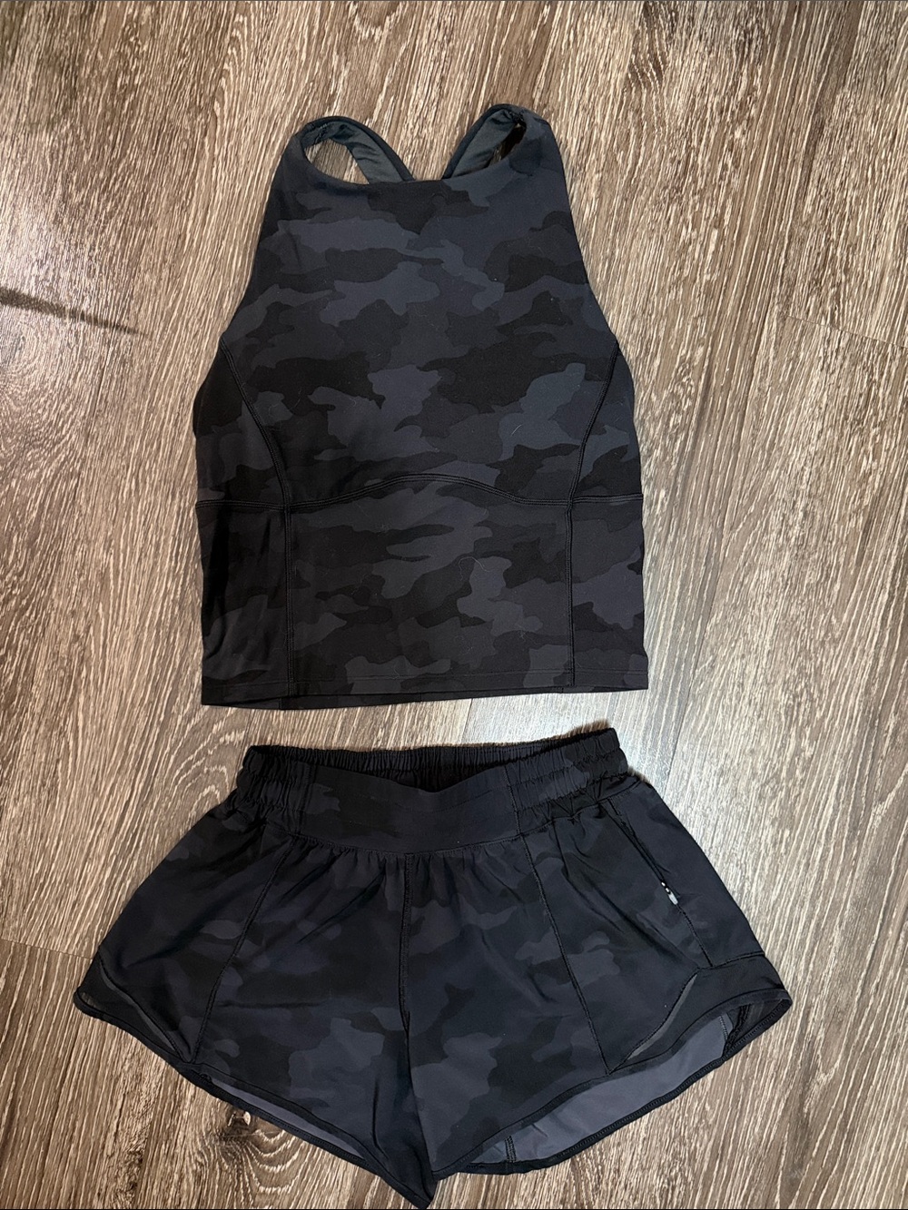 lululemon Black Camo Longline Sports Bra and shorts